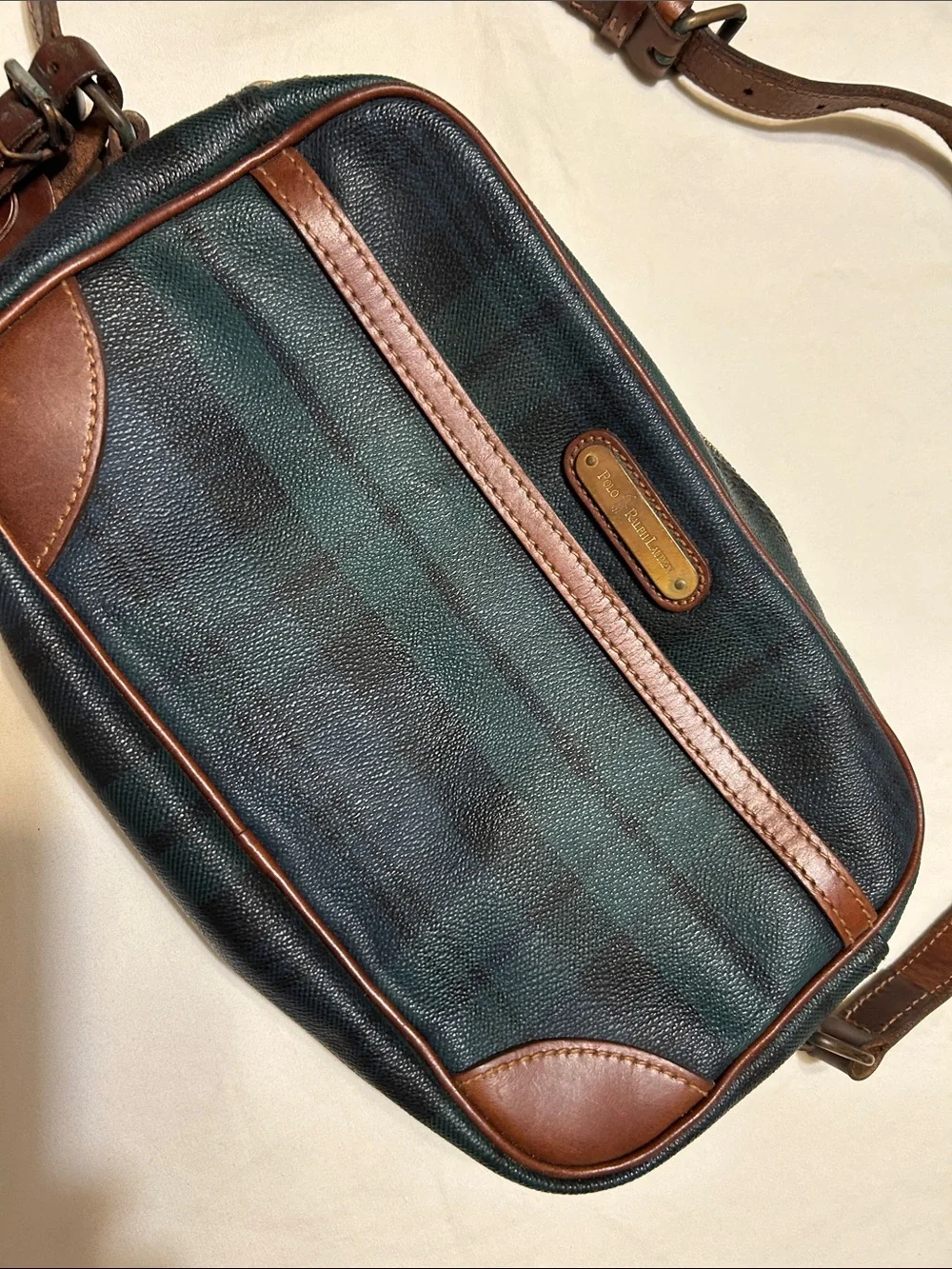 Leather-Trim Green Plaid Crossbody Bag Vintage